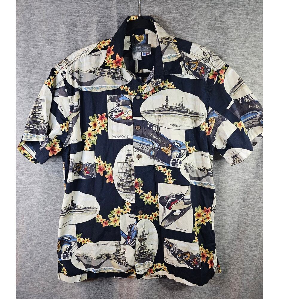 Vintage High Seas Shirt Mens Small Black WWII Ships Fighter Bombers B52 Hawaiian